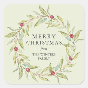 Winter Greenery Leaves Berries Wreath Christmas Square Sticker