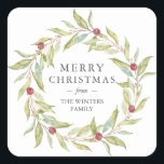 Winter Greenery Leaves Berries Wreath Christmas Square Sticker<br><div class="desc">Winter greenery leaves berries wreath Christmas sticker with the text 'Merry Christmas' and your family name. Simply customize the Christmas sticker with your family name. If you need any help please contact us through our store.</div>
