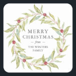 Winter Greenery Leaves Berries Wreath Christmas Square Sticker<br><div class="desc">Winter greenery leaves berries wreath Christmas sticker with the text 'Merry Christmas' and your family name. Simply customize the Christmas sticker with your family name. If you need any help please contact us through our store.</div>