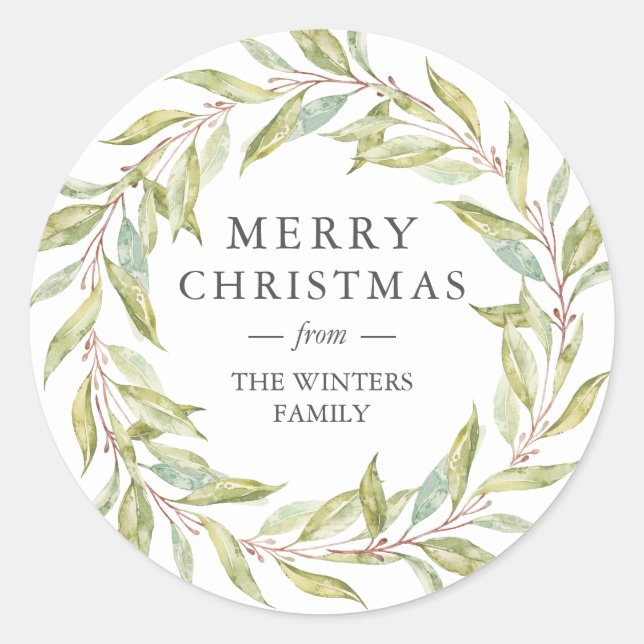 Winter Greenery Leaves Wreath Christmas Classic Round Sticker (Front)