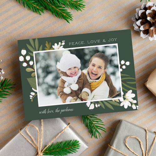 Winter Greenery  Love  Joy Photo Holiday Card