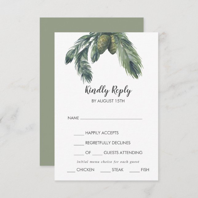 Winter Greenery Menu Choice Wedding RSVP Card (Front/Back)