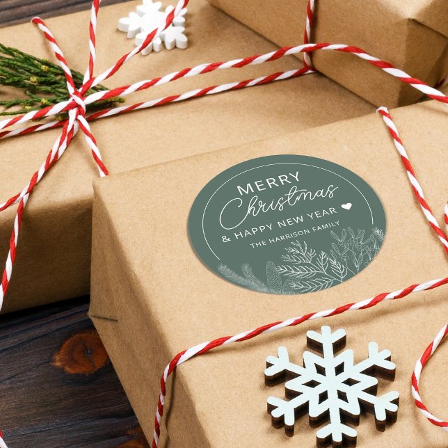 Winter Greenery Merry Christmas Personalized Classic Round Sticker (Winter Greenery Merry Christmas Personalized Classic Round Sticker)