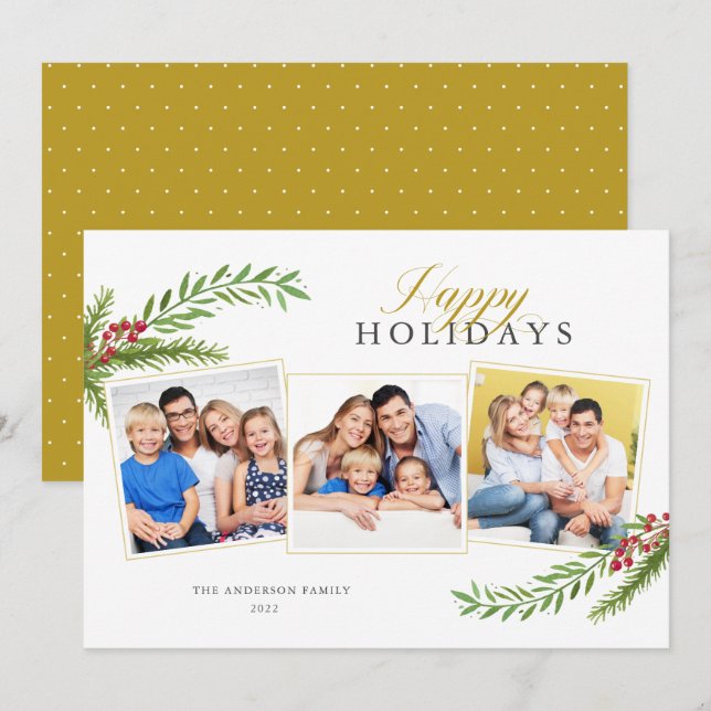 Winter Greenery Minimal 3 Photo Happy Holidays Holiday Card (Front/Back)