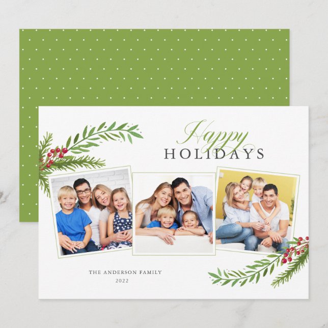 Winter Greenery Minimal 3 Photo Happy Holidays Holiday Card (Front/Back)