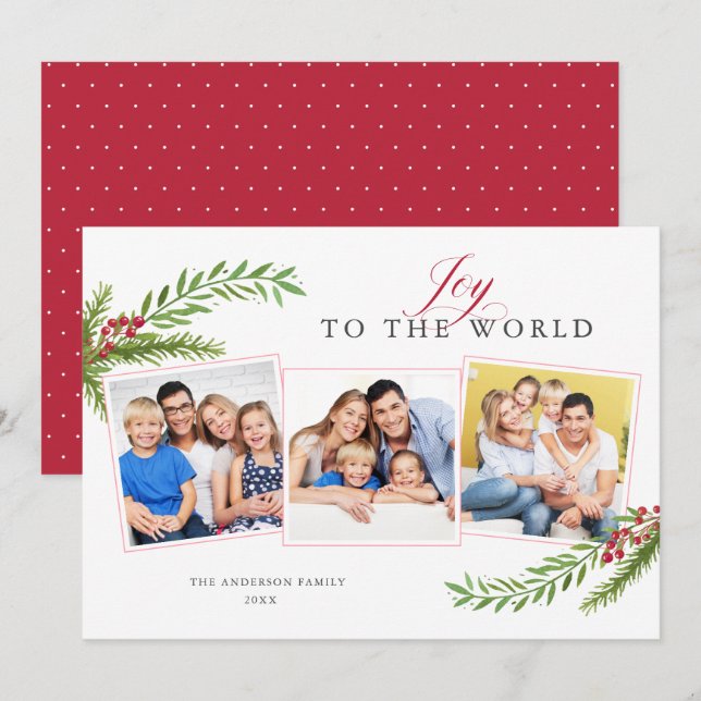 Winter Greenery Minimal 3 Photo Joy To The World Holiday Card (Front/Back)