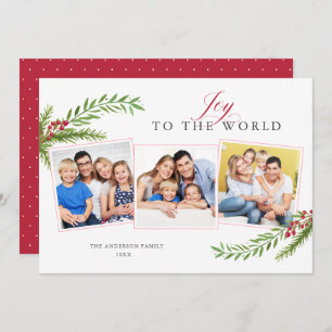Winter Greenery Minimal 3 Photo Joy To The World Holiday Card
