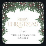 Winter Greenery Mistletoe Christmas Square Sticker<br><div class="desc">This delightful Christmas sticker showcases a winter greenery mistletoe border and the message "Merry Christmas". Custom text allows you to personalize with your name.</div>