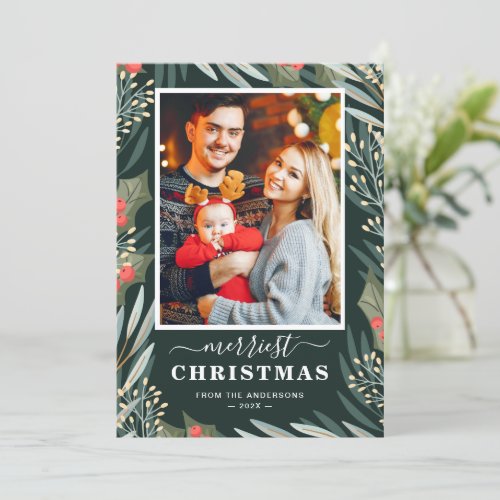 Winter Greenery Mistletoe Merriest Christmas Photo Holiday Card