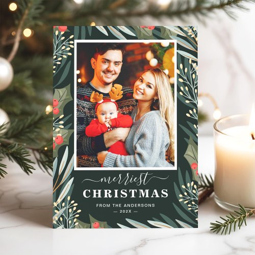 Winter Greenery Mistletoe Merriest Christmas Photo Holiday Card