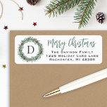 Winter Greenery Monogram Wreath Return Address Label<br><div class="desc">Elegant "Merry Christmas" holiday card address label design features a rustic chic round wreath of winter watercolor greenery framing the family's last name monogram initial letter. Personalize the modern green and charcoal gray wording with a custom greeting and your return address text. White background color.</div>