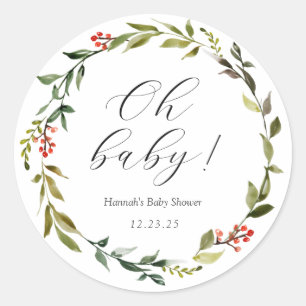 Winter Greenery Oh Baby Classic Round Sticker