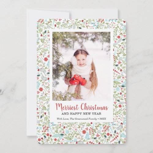 Winter Greenery Pattern Merriest Christmas Photo Holiday Card
