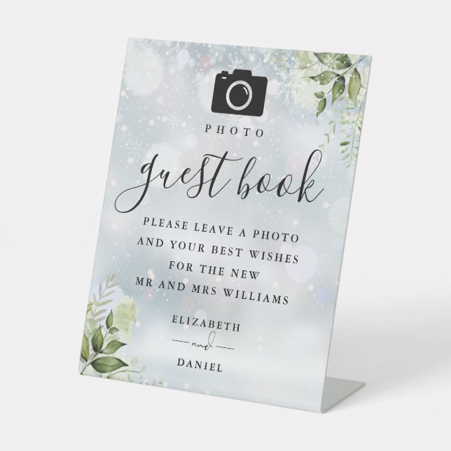 Winter Greenery Photo Guest Book Wedding Pedestal Sign (Front)