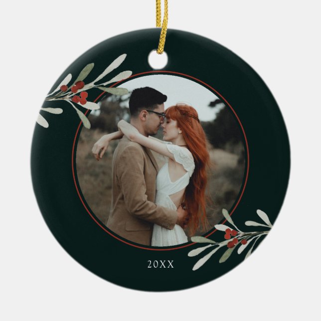 Winter Greenery Photo Holiday Ceramic Ornament (Front)