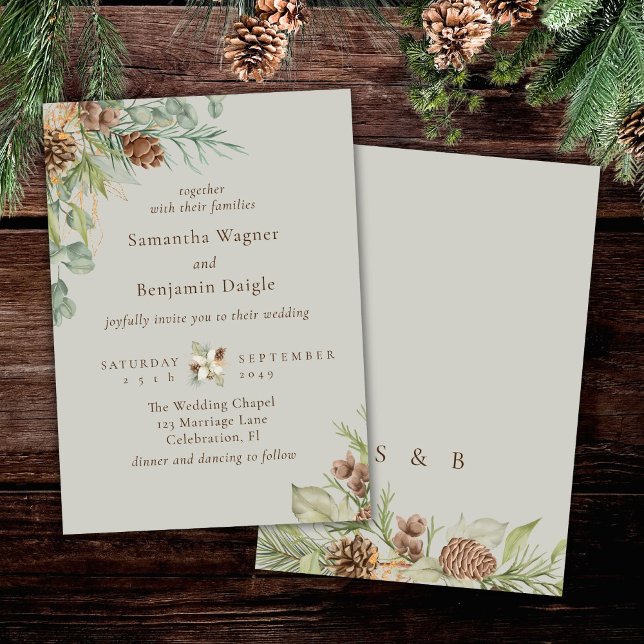 Winter Greenery Pine Beige Elegant Wedding Invitation (Creator Uploaded)