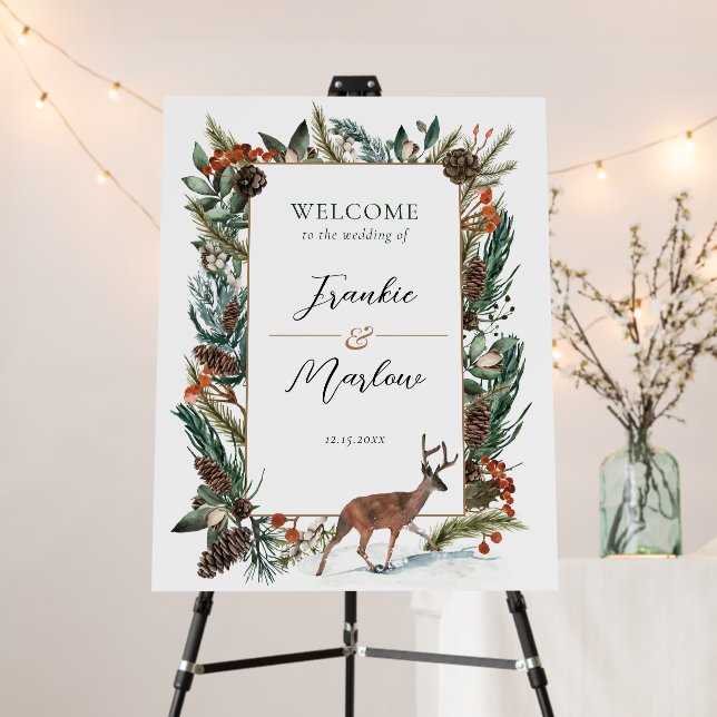 Winter Greenery Pine Cone Wedding Welcome Sign (In Situ (Stand))