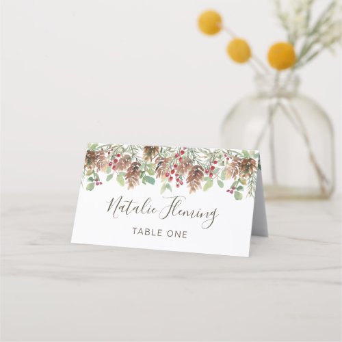 Winter Greenery Pine Red Berry Christmas Wedding Place Card