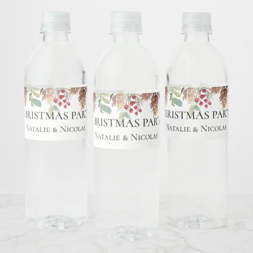 Winter Greenery Pine Red Berry Christmas Wedding Water Bottle Label