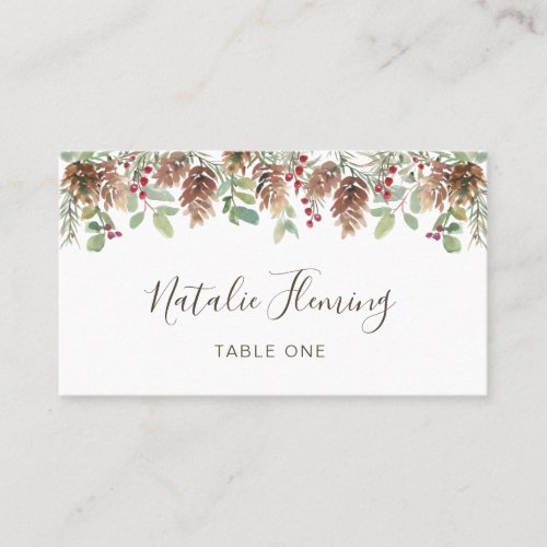 Winter Greenery Pine Red Berry Wedding Place Card