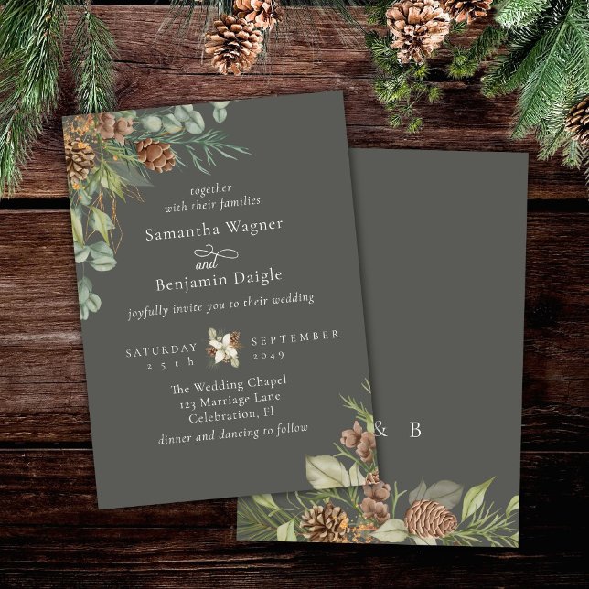 Winter Greenery Pine Stone Gray Elegant Wedding Invitation (Creator Uploaded)