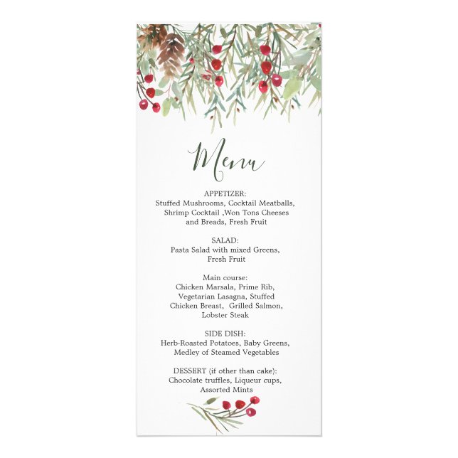 Winter Greenery Pine Wedding Christmas Menu (Front)
