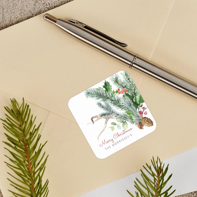 Winter Greenery Pinecone Antler Berries Holiday Square Sticker (Winter Greenery Pinecone Antler Berries Holiday Square Sticker)