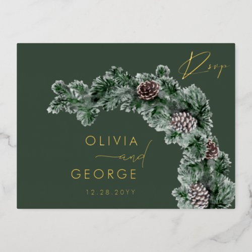 Winter Greenery Pinecone Christmas Green RSVP Foil Invitation Postcard