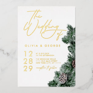 Winter Greenery Pinecone Christmas Holiday Wedding Foil Invitation