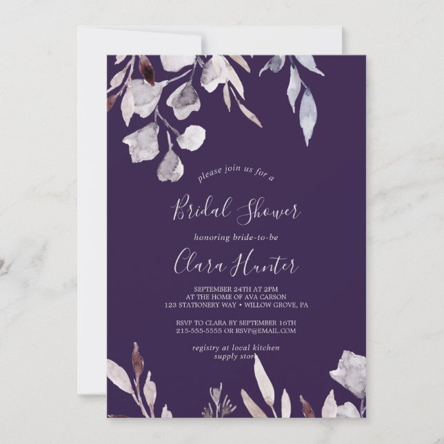 Winter Greenery | Plum Bridal Shower Invitation (Front)