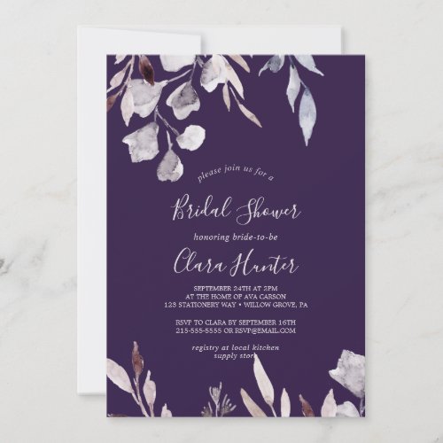 Winter Greenery  Plum Bridal Shower Invitation