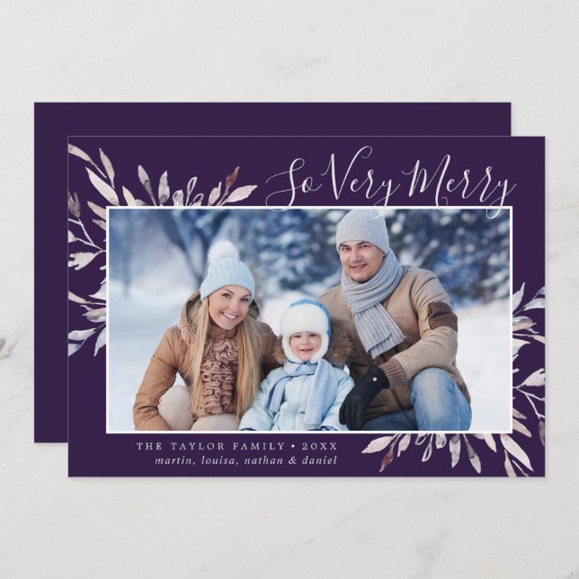 Winter Greenery Plum So Very Merry Landscape Photo Holiday Card (Front/Back)