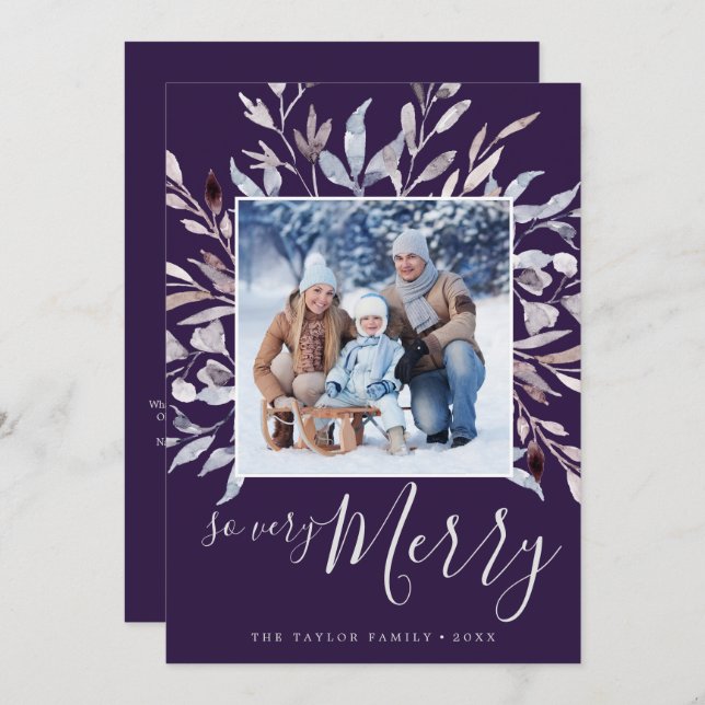 Winter Greenery Plum So Very Merry Year In Review Holiday Card (Front/Back)
