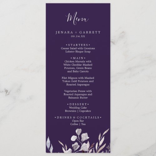 Winter Greenery  Plum Wedding Dinner Menu