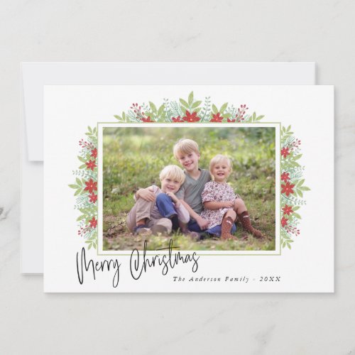 Winter Greenery Poinsettia Photo Christmas Holiday Card
