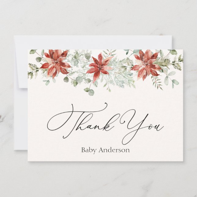 Winter Greenery Poinsettia Thank You  Note Card (Front)