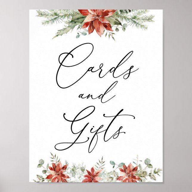 Winter Greenery Poinsettias Cards and Gifts Sign (Front)