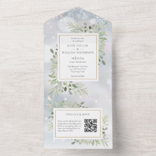 Winter Greenery QR Code Monogram Wedding All In One Invitation