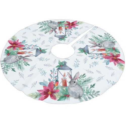 Winter Greenery Rabbit and Candle Lit Lantern Brushed Polyester Tree Skirt