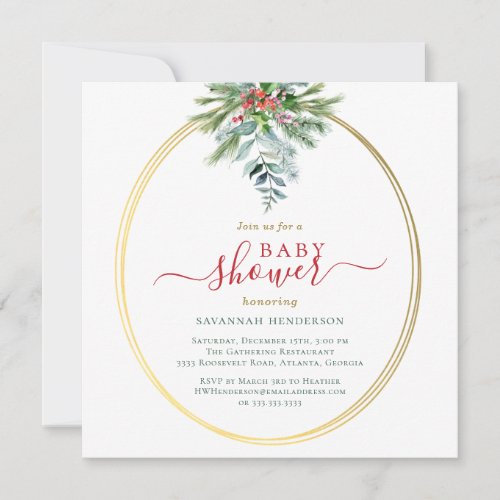 Winter Greenery Red and Gold Baby Shower Invitation