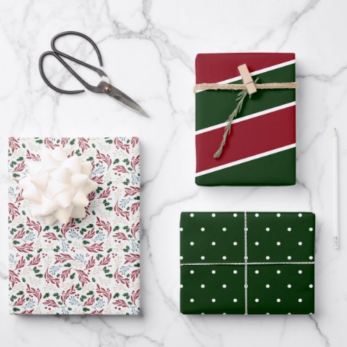 Winter Greenery Red and Green Patterns Christmas Wrapping Paper Sheets