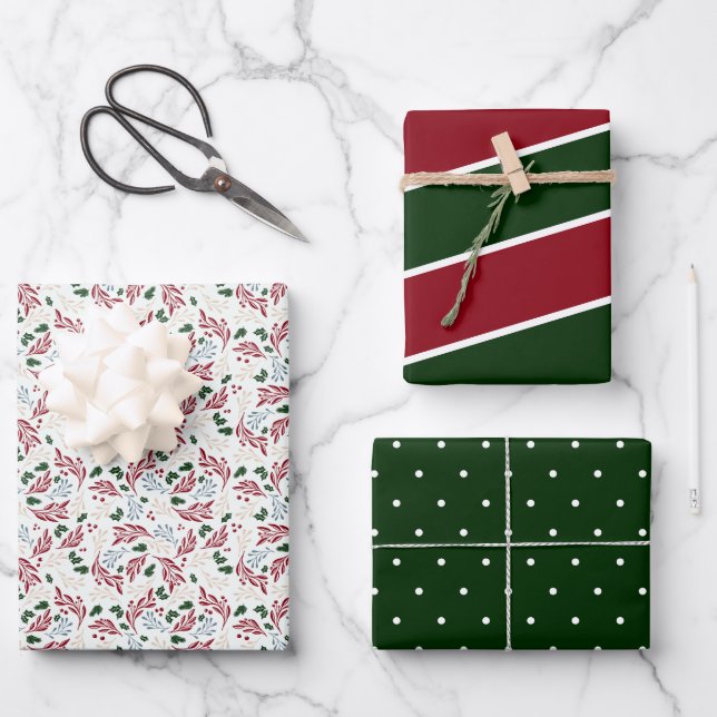 Winter Greenery Red and Green Patterns Christmas Wrapping Paper Sheets (Front)