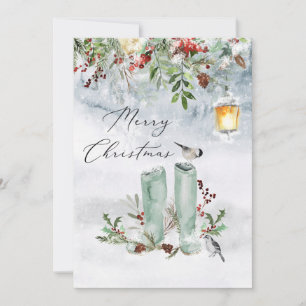 Winter Greenery Red Berry Bird Christmas Holiday Card