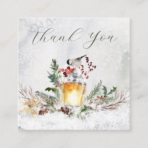 Winter Greenery Red Berry Bird Christmas Thank You Square Business Card