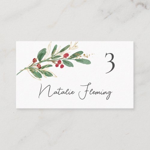 Winter Greenery Red Berry Wedding Place Card