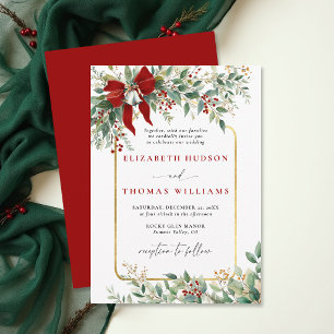 Winter Greenery Red Bow Bells Rustic Frame Wedding Invitation