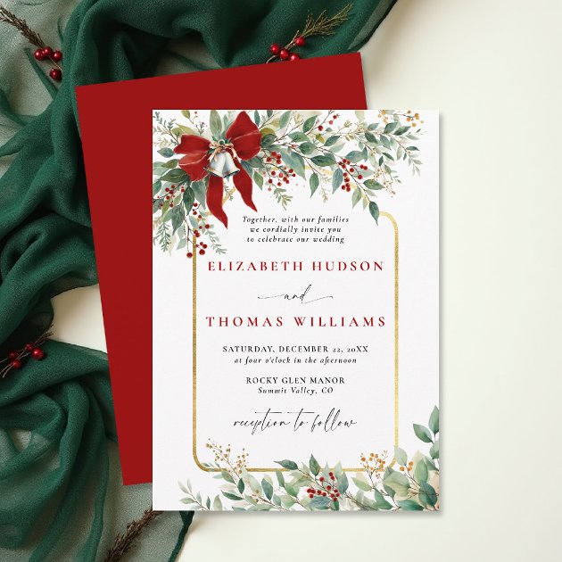 Winter wedding invitation with watercolour pine greenery frame, red berries, red bow and wedding bells in a gold border