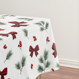 Winter Greenery Red Bow Christmas Tablecloth