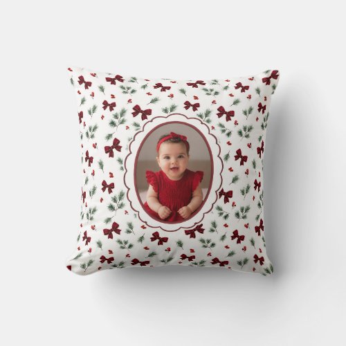 Winter Greenery Red Bow Christmas Throw Pillow