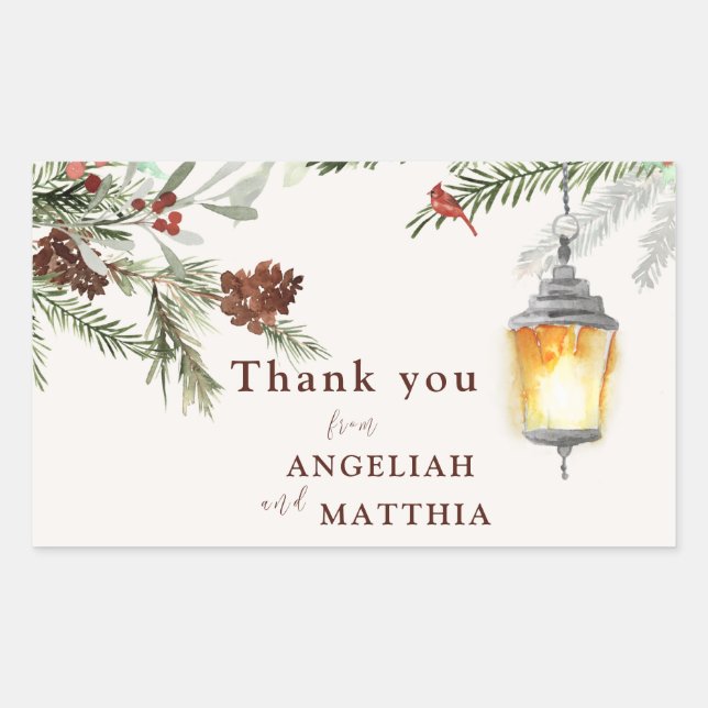 Winter Greenery Red Cardinal & Berries Wedding Rectangular Sticker (Front)